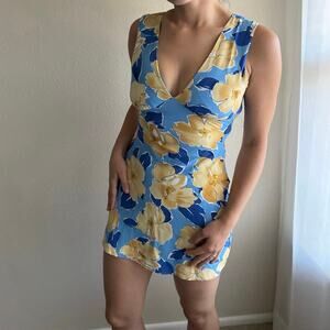 Blue & Gold tropical Floral Mini Dress vacation resort summer spring coquette